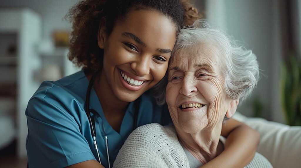 An adult child and elderly parent having a warm conversation in a cozy assisted living apartment.