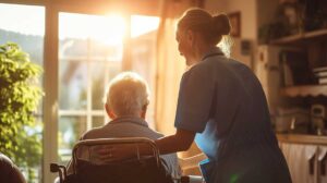 An elderly woman receiving medication assistance from a caregiver in a comfortable residential setting.