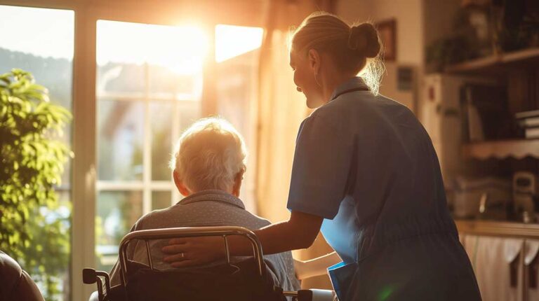 An elderly woman receiving medication assistance from a caregiver in a comfortable residential setting.